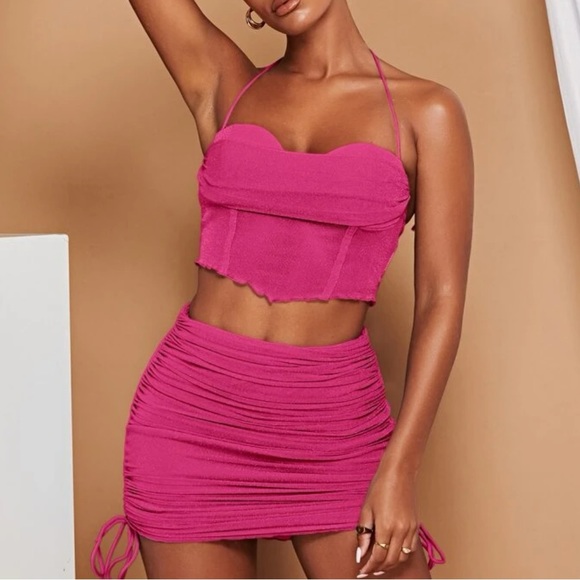SHEIN Dresses & Skirts - SHEIN Lettuce Trim Tie Backless Crop Halter Top & Drawstring Side Bodycon Skirt